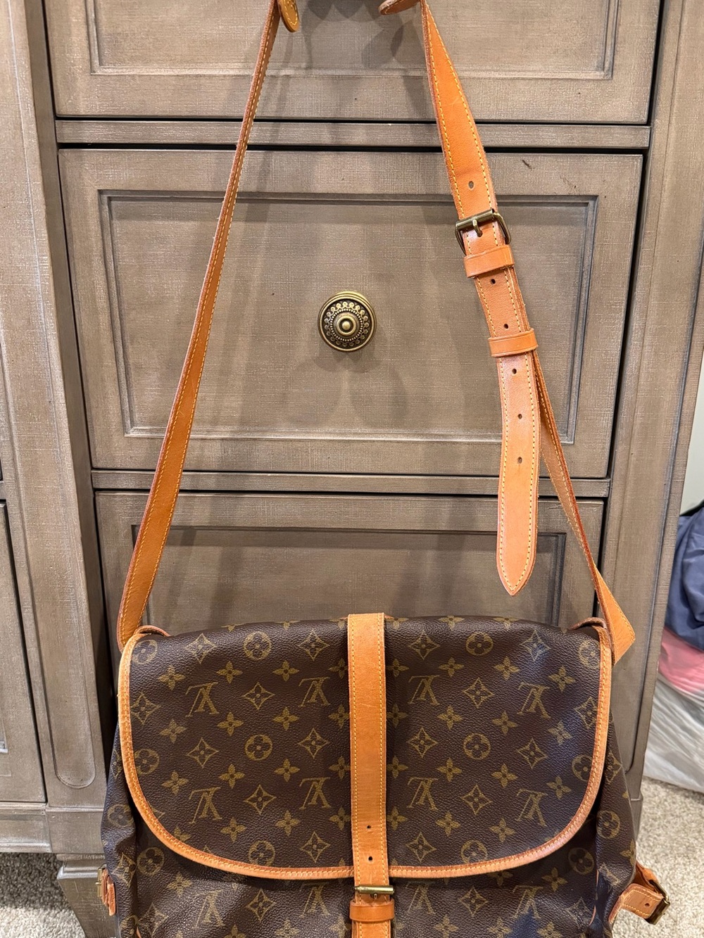 Louis Vuitton Monogram Canvas Messenger Bag with Tan Trim